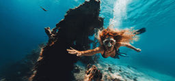 Frau, die unter Wasser ist und taucht mit Taucherbrille und ein Riff im Hintergrund
